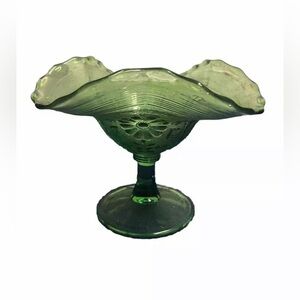 *Northwood Green Glass Compote Candy Dish The Pamela Scalloped Ruffles No Glow